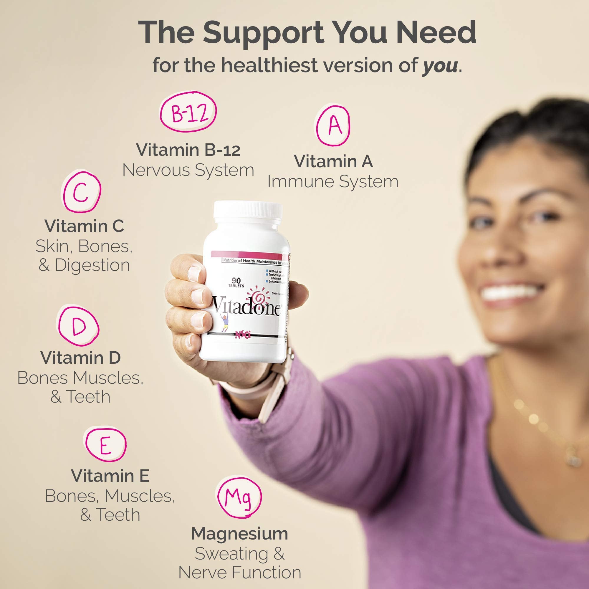 Vitadone bottle nutrition label highlights essential vitamins and minerals for nutrition.