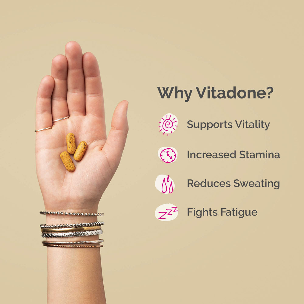 Vitadone tablets close-up showing small, easy-to-swallow capsules for wellness.