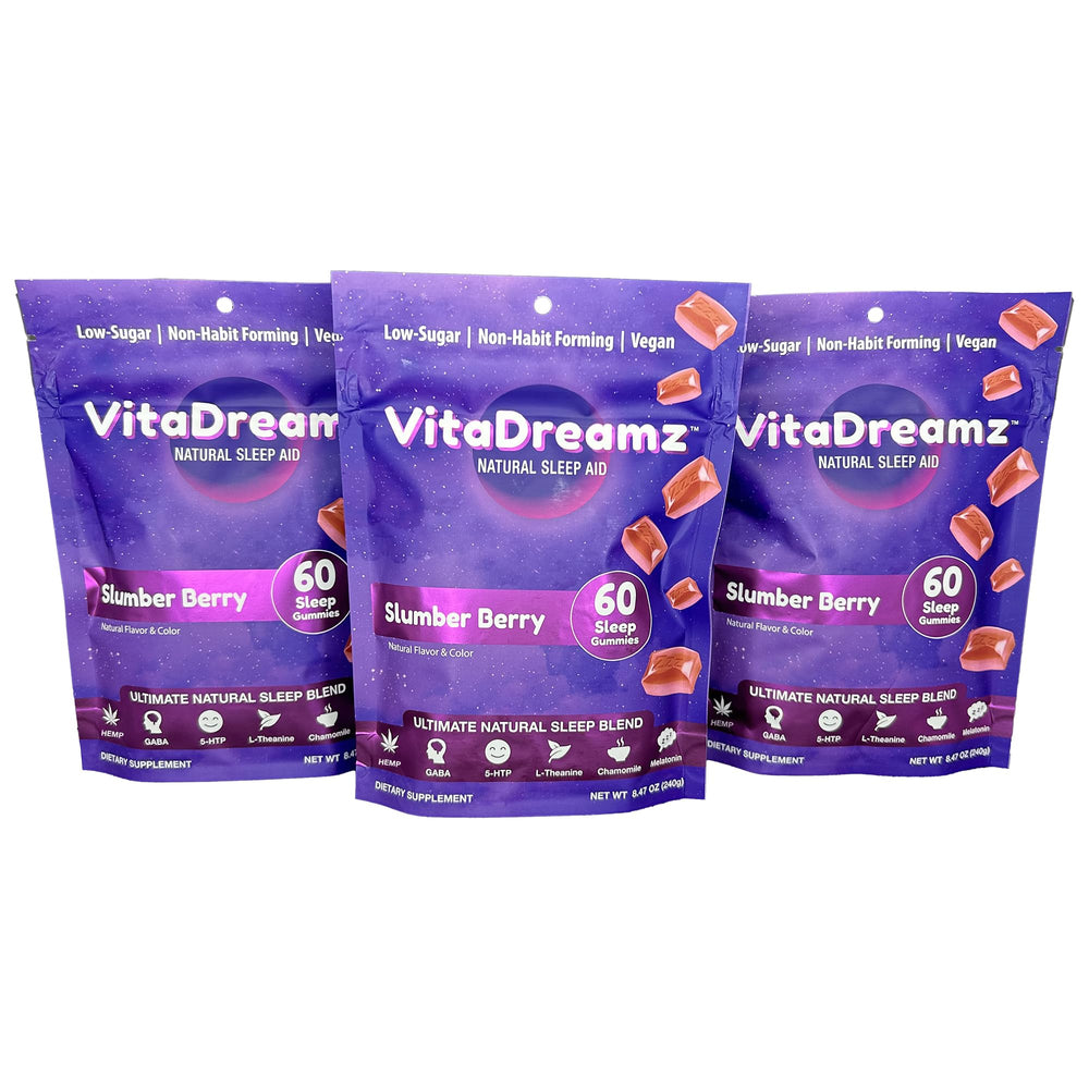 VitaDreamz melatonin sleep gummies bottle promotes calm nightly routine.