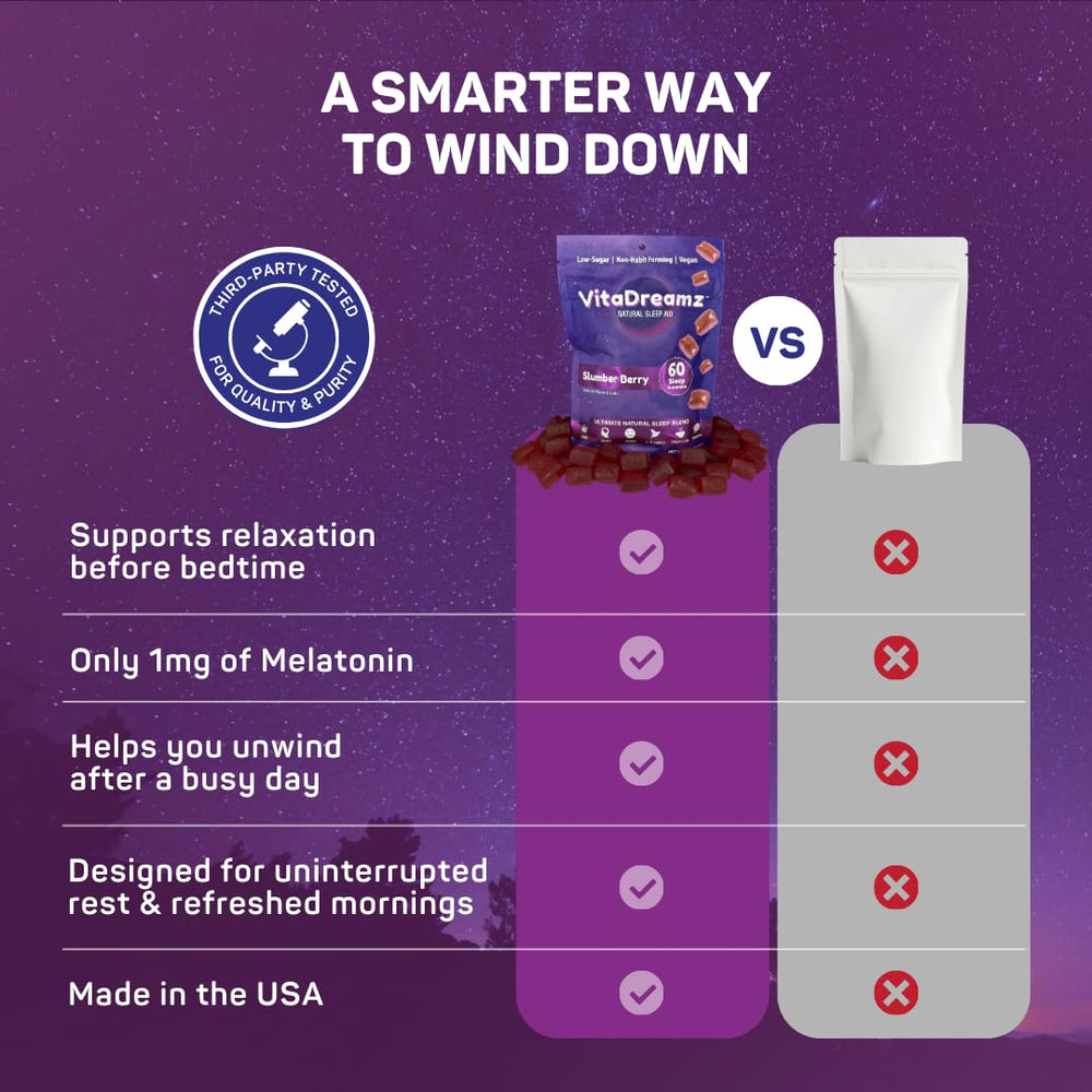 VitaDreamz vegan non-GMO label signals clean, plant-based ingredients.