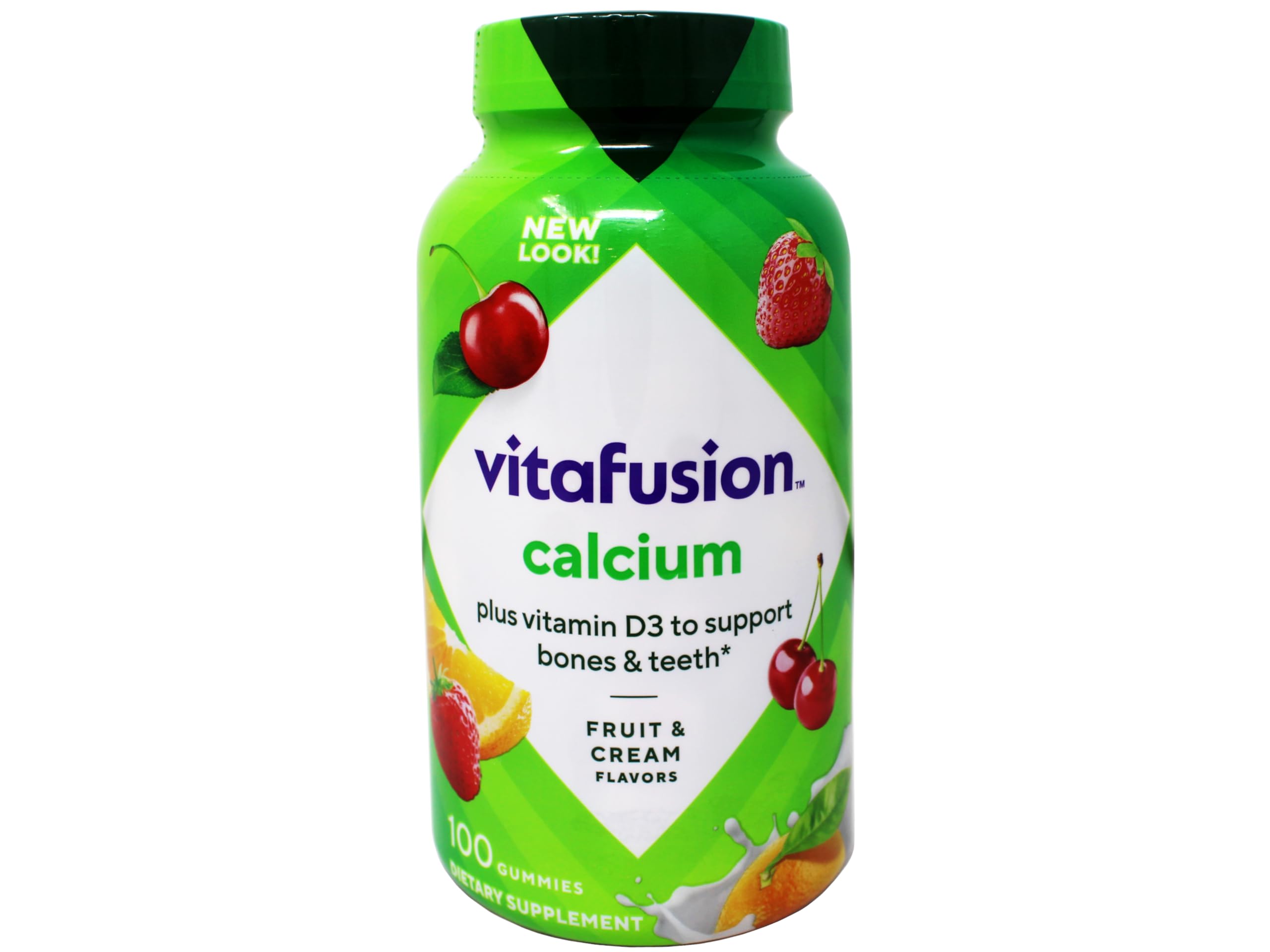 Vitafusion Calcium gummies bottle side highlights convenient, chewable format for on-the-go use.