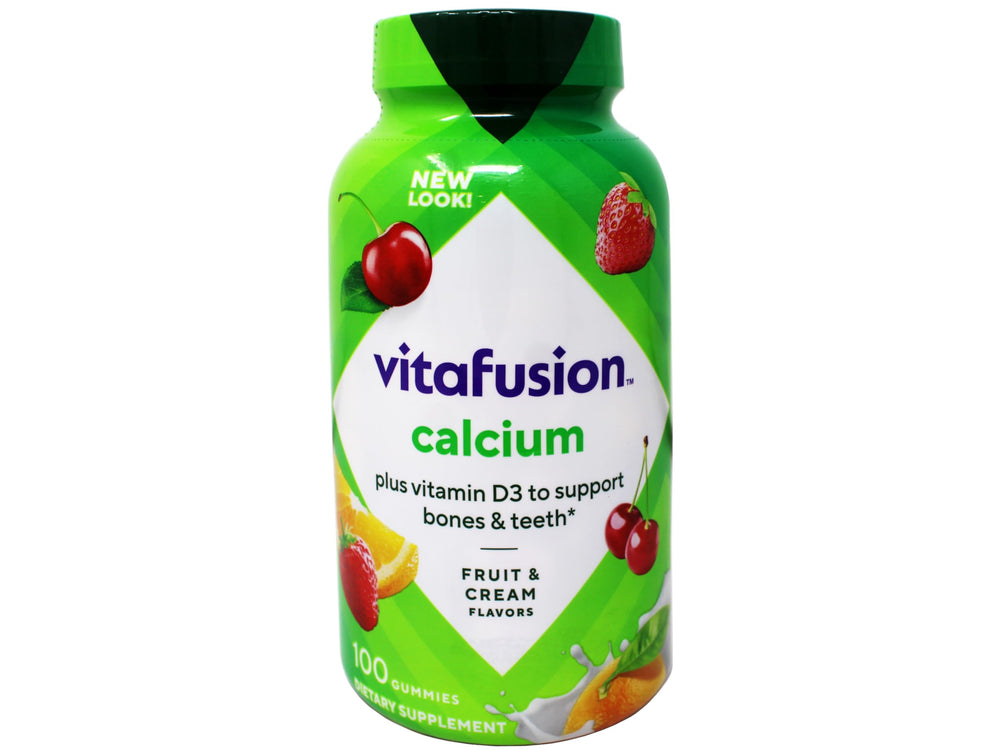 Vitafusion Calcium Gummies bottle label close-up showing calcium and vitamin D