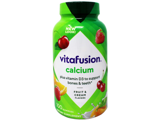 Vitafusion Calcium Gummies bottle label close-up showing calcium and vitamin D