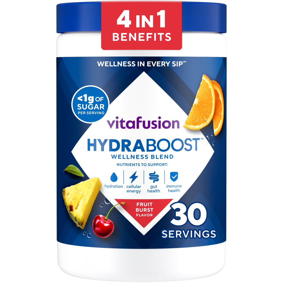 Vitafusion Hydraboost tub front view highlights 30 servings for daily hydration.