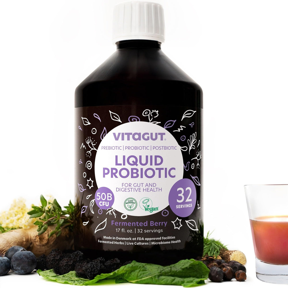 VITAGUT liquid probiotic bottle with label highlighting organic ingredients for gut health.
