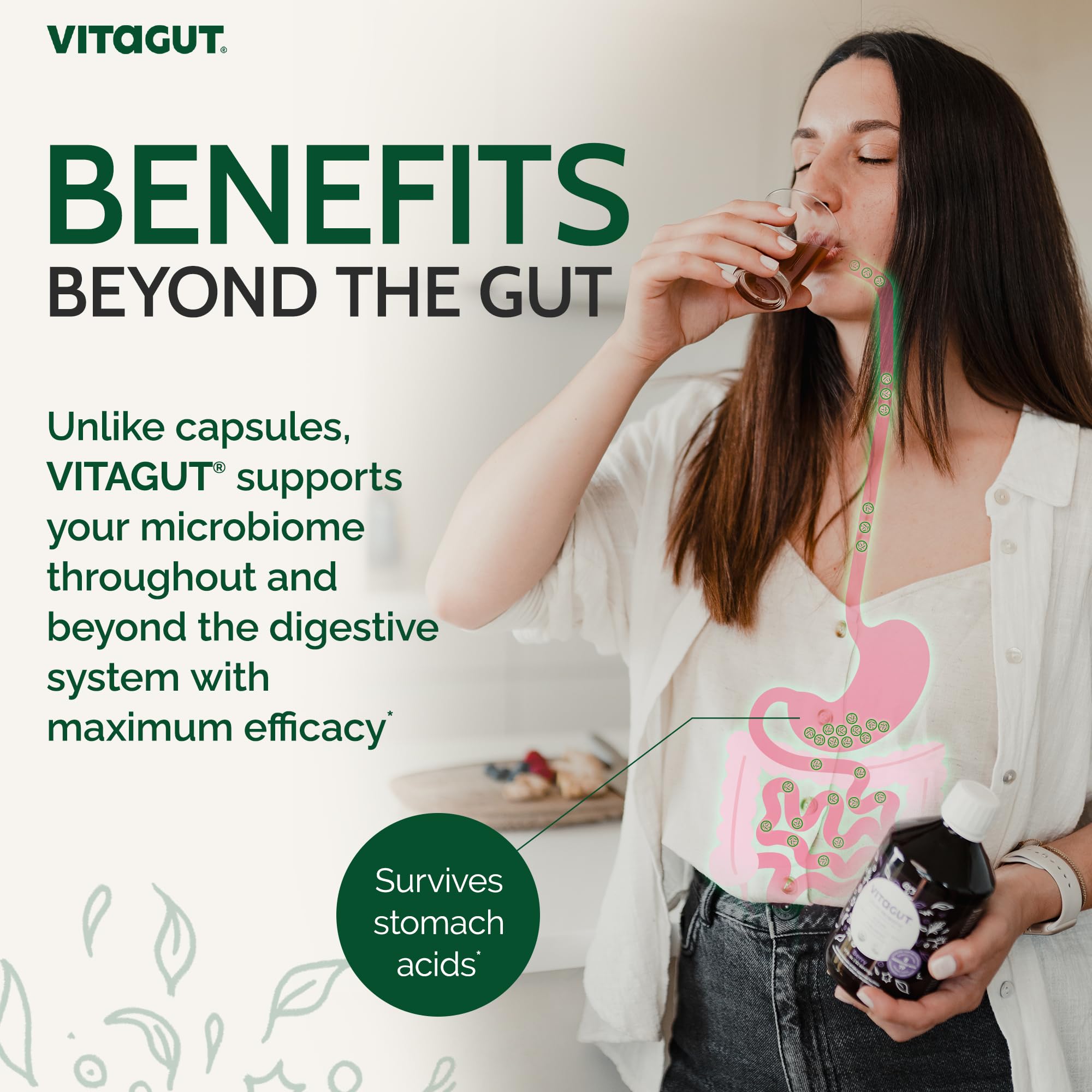 VITAGUT liquid probiotic label close-up showing probiotic strains.