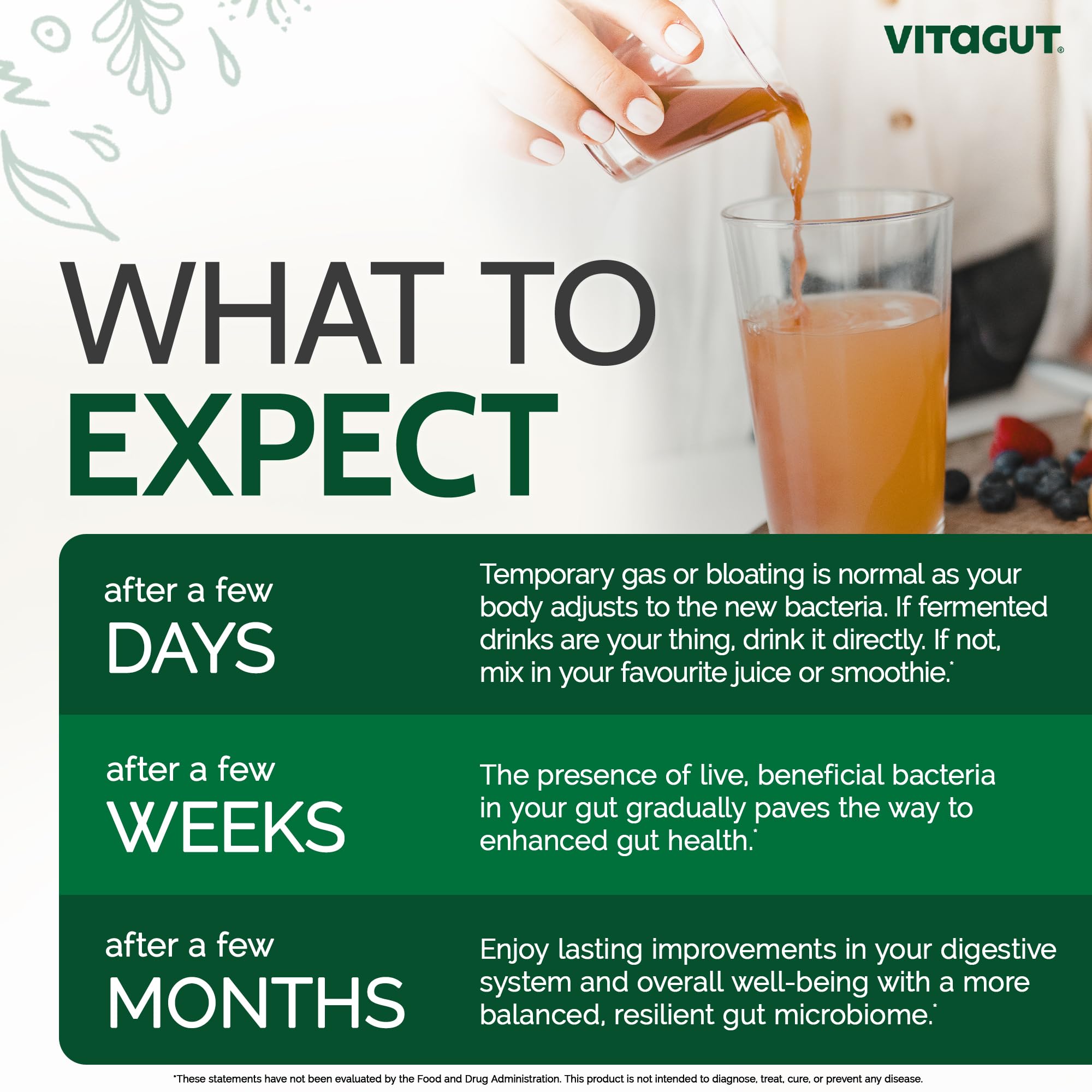 VITAGUT organic ingredients with 19 herbs, showcasing natural formulation.
