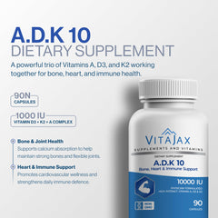 VITAJAX ADK10 bottle label lists vitamins A, D3, and K2 amounts for balanced nutrition
