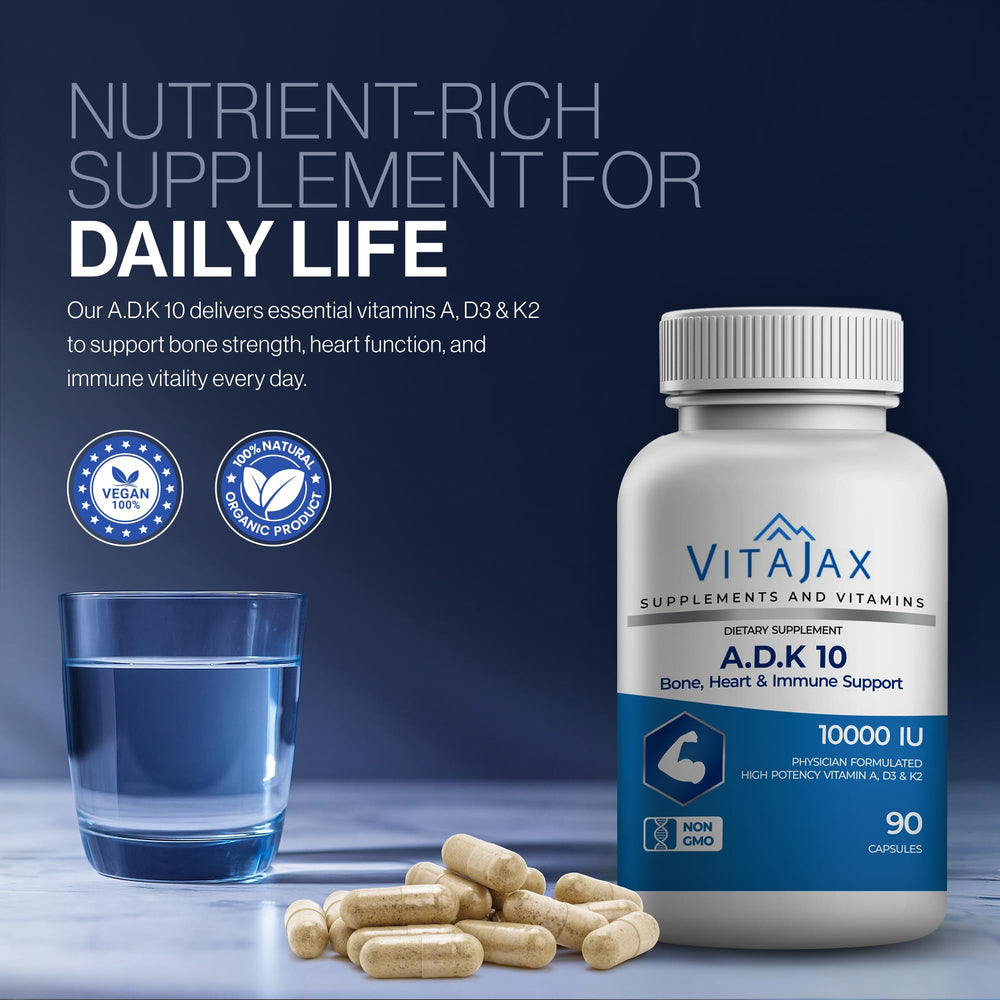 VITAJAX ADK10 gluten-free non-GMO badge signaling clean formulation