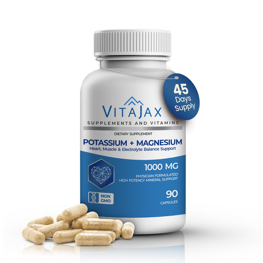 VITAJAX Potassium Magnesium bottle label with 90 capsules for daily electrolyte balance.