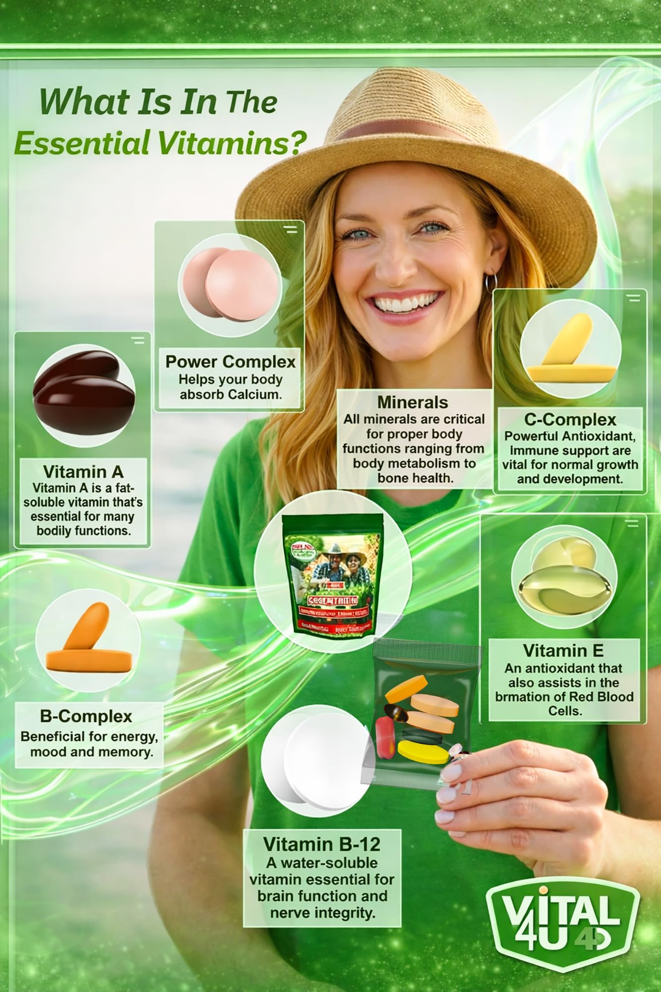 VITAL 4U label closeup shows vitamin and mineral coverage.