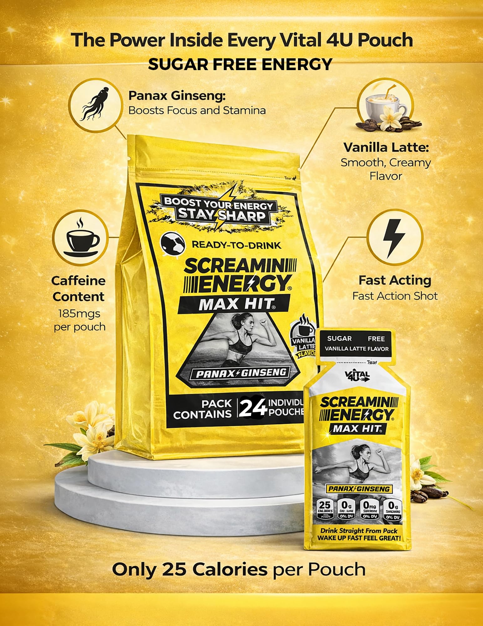 VITAL 4U Screamin Energy Vanilla Latte backpack-friendly energy on the move