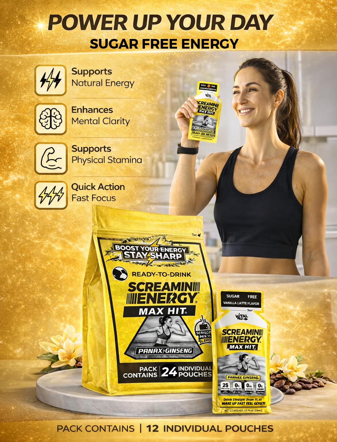 VITAL 4U Screamin Energy Vanilla Latte caffeine label and icon