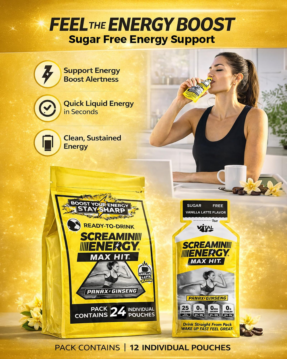 VITAL 4U Screamin Energy Vanilla Latte Panax ginseng and B vitamins features