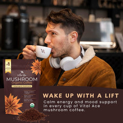 Vital Ace Mushroom Coffee ingredients-mix features seven adaptogenic mushrooms.