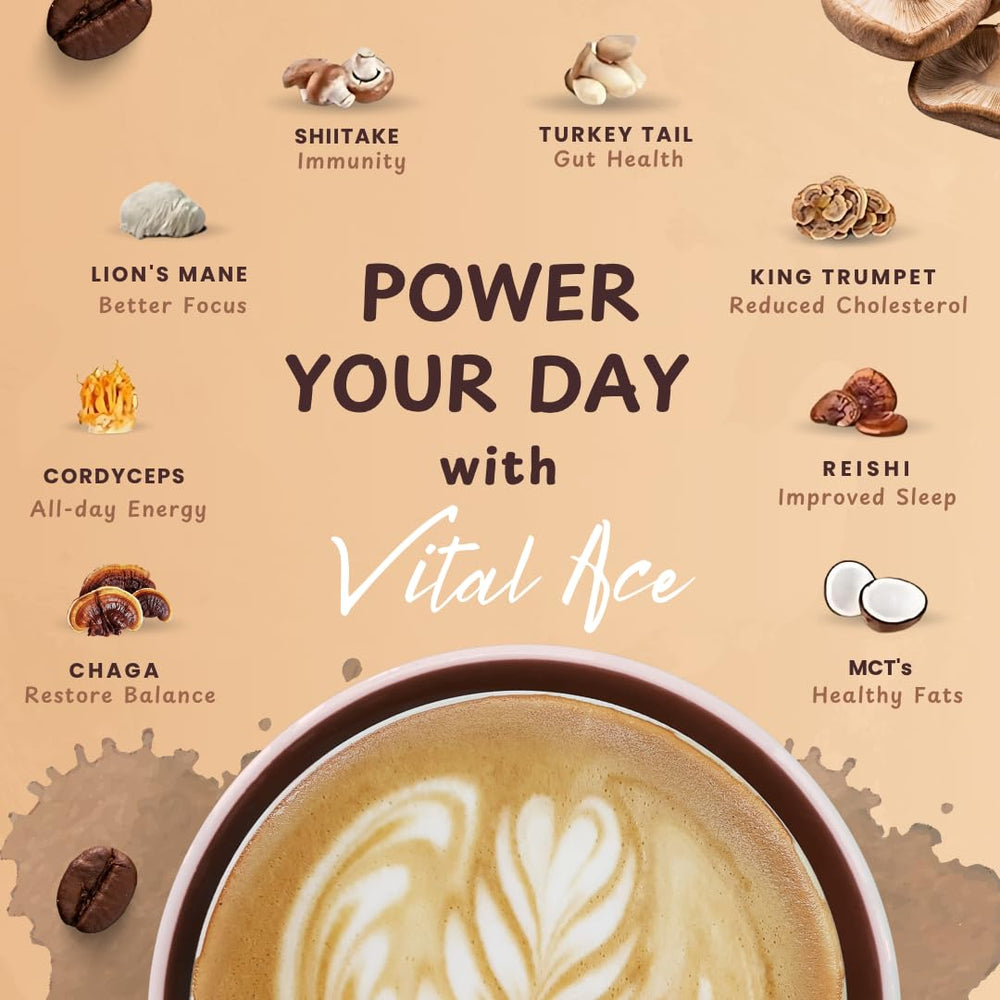 Vital Ace Mushroom Coffee mug-brew captures a quick morning ritual.