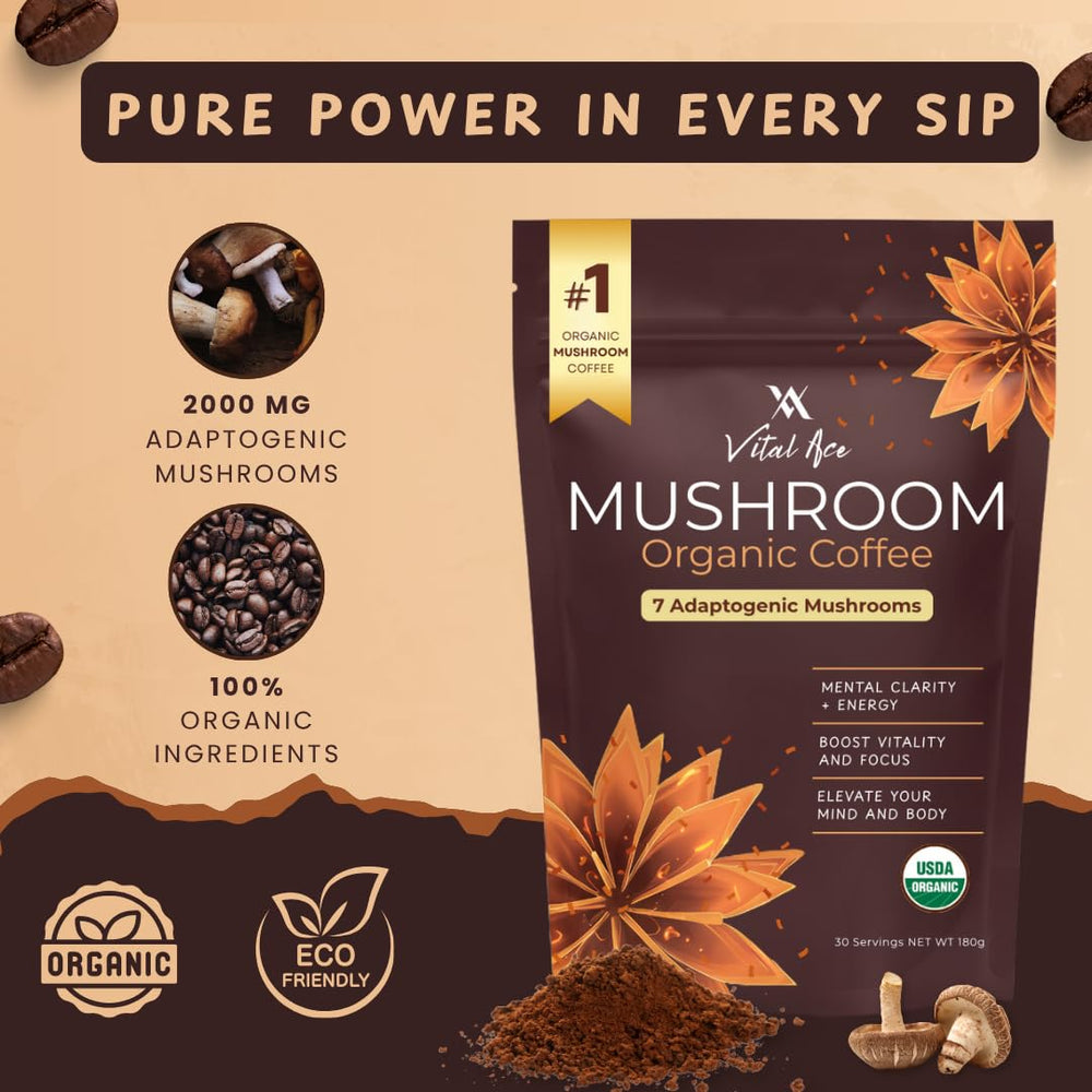 Vital Ace Mushroom Coffee travel-mug closeup ready for on-the-go.