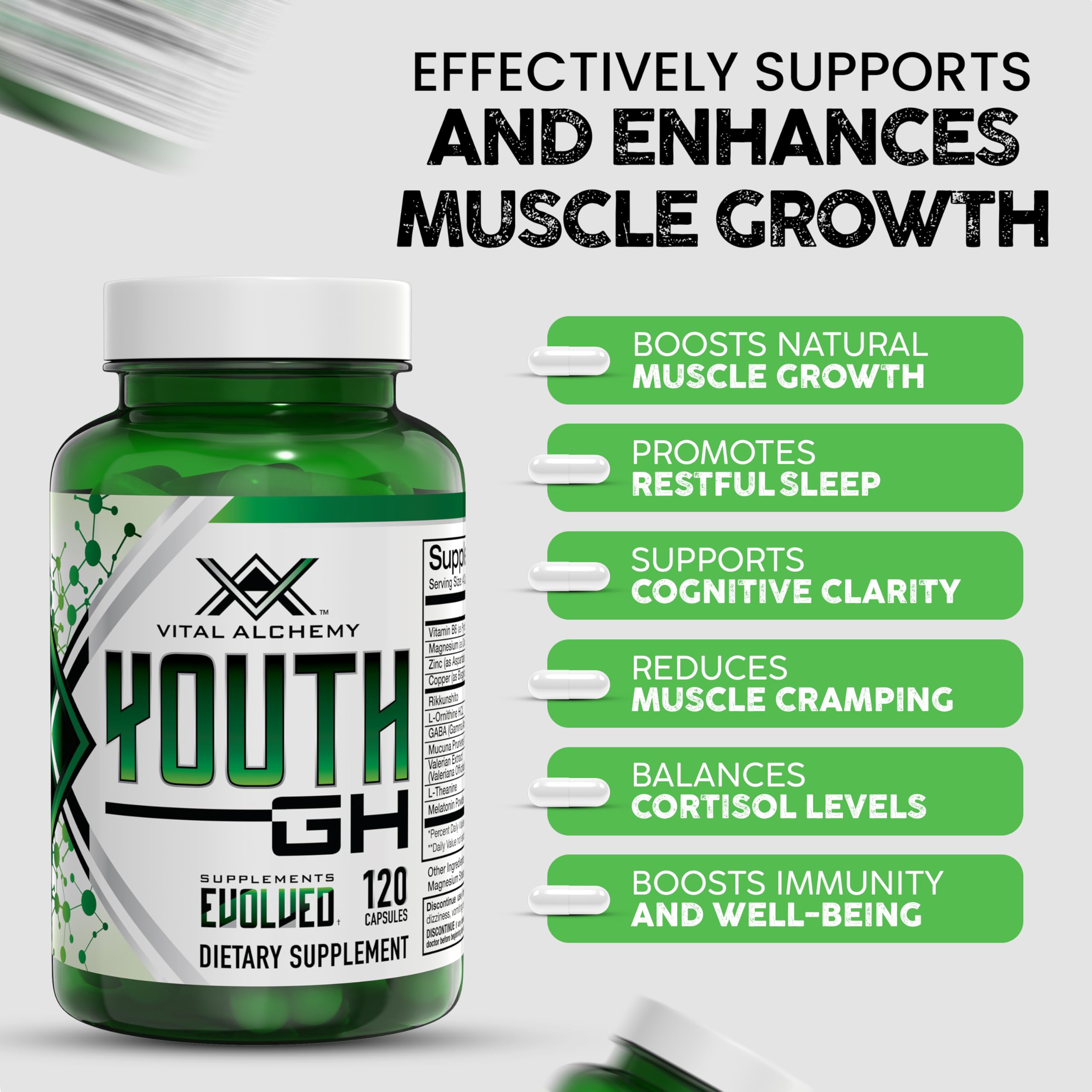 Vital Alchemy Supplements Youth label closeup highlights magnesium and zinc benefits.