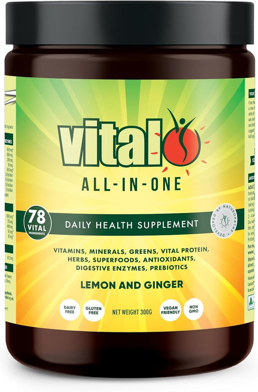 Vital All-in-One Daily Greens Powder bottle with lemon-ginger flavor for daily energy