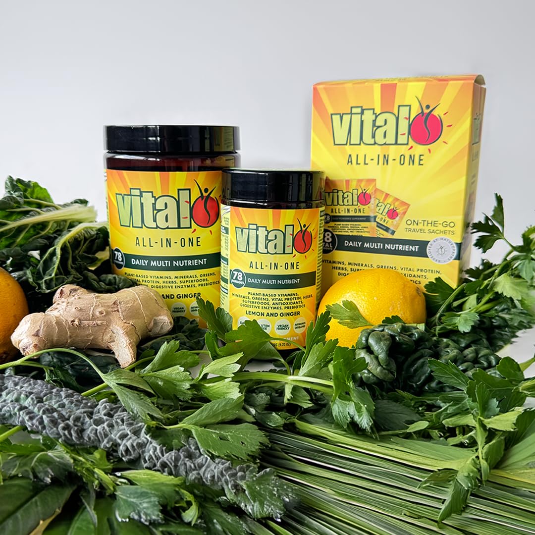 Ingredients closeup of Vital powder showing greens and probiotics