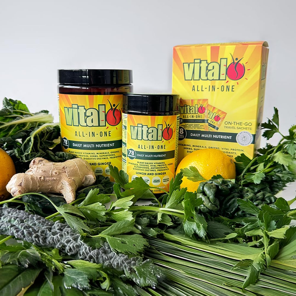 Ingredients closeup of Vital powder showing greens and probiotics