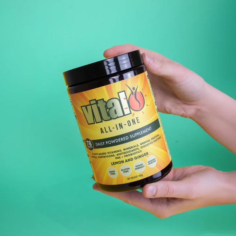 Label closeup of Vital powder highlighting transparent ingredients
