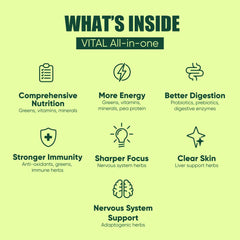 Vital All-In-One ingredients plate highlights probiotics and plant-based nutrients.
