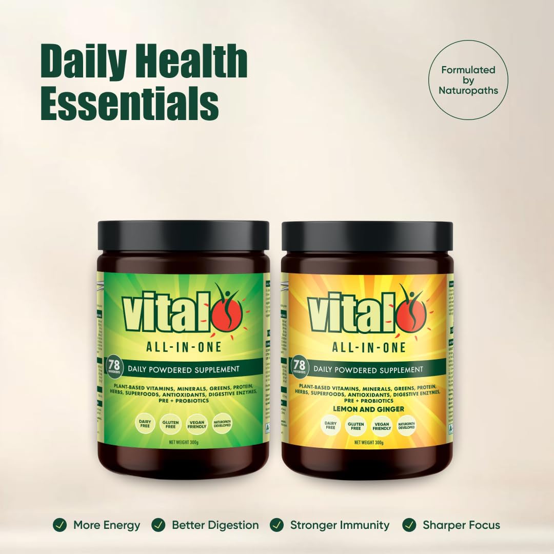 Vital All-In-One shaken with water shows vibrant greens for energy support.