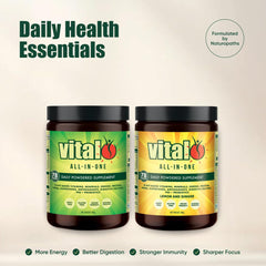 Vital All-In-One shaken with water shows vibrant greens for energy support.