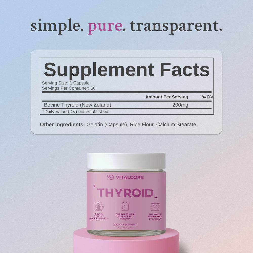 Vital Core grass-fed bovine thyroid nutrition panel—transparent sourcing.