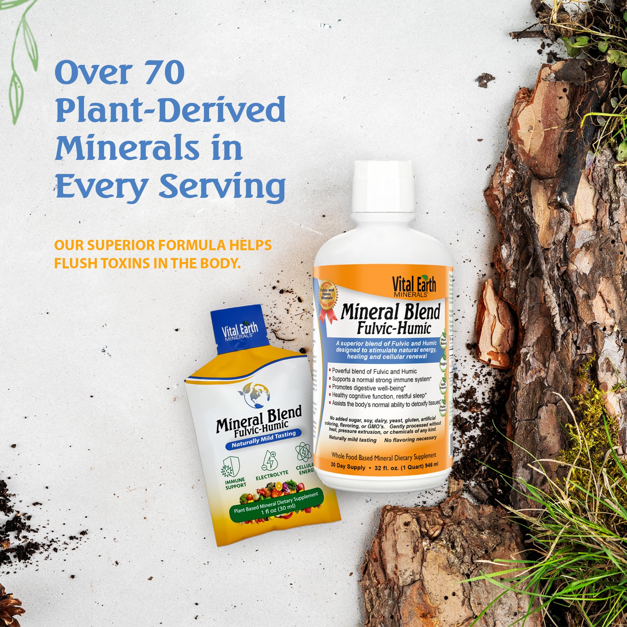 Vital Earth Minerals clear liquid mix; demonstrates easy-dissolve texture.
