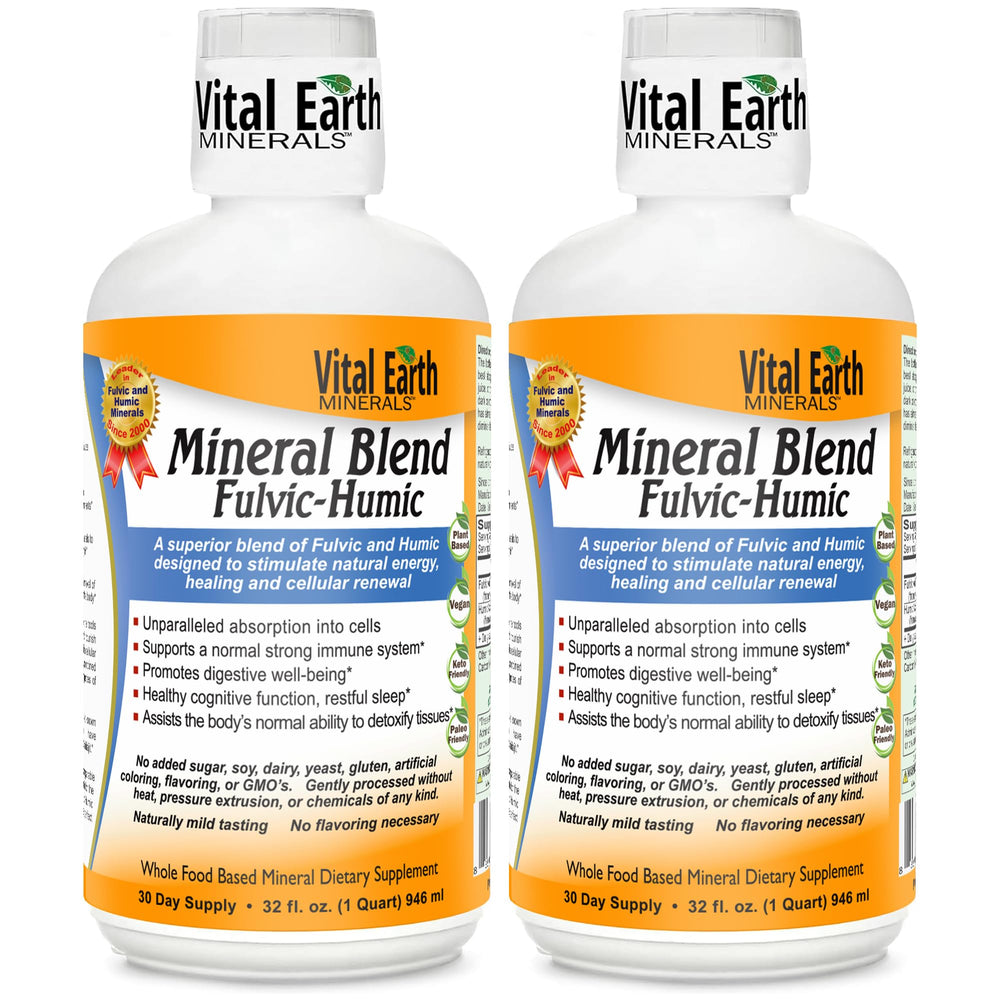 Vital Earth Minerals bottle front view with fulvic-humic blend for daily balance