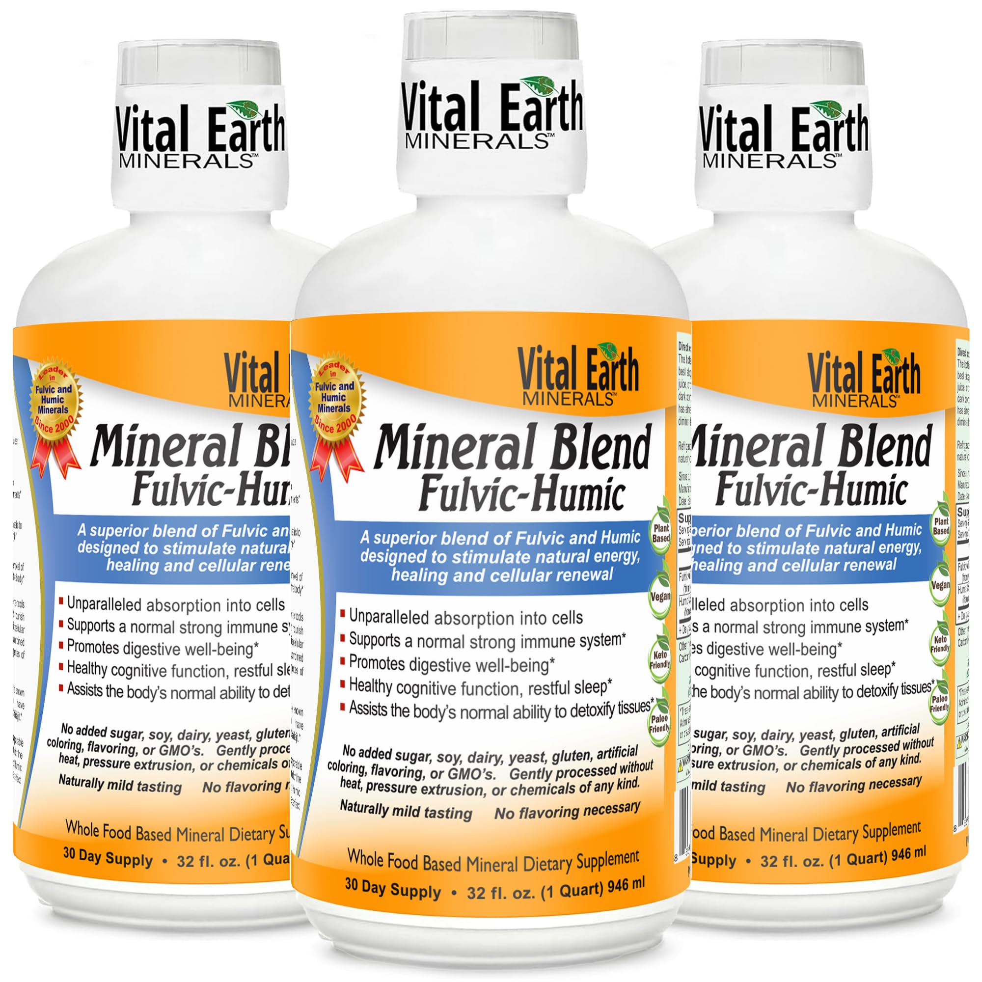 Vital Earth Minerals fulvic-humic bottle front showing energy-support packaging