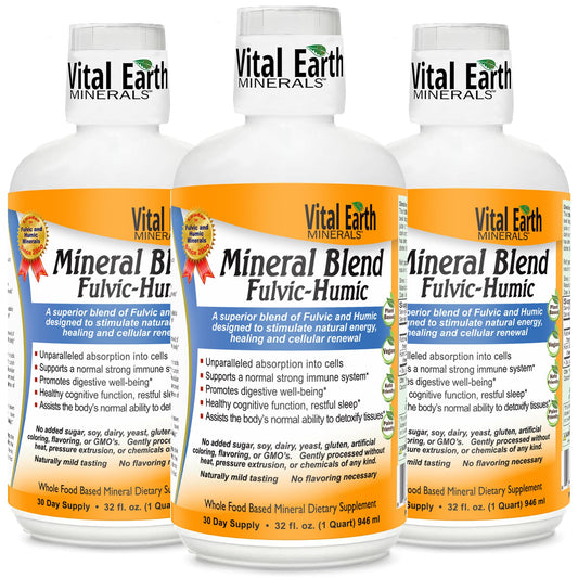 Vital Earth Minerals fulvic-humic bottle front showing energy-support packaging