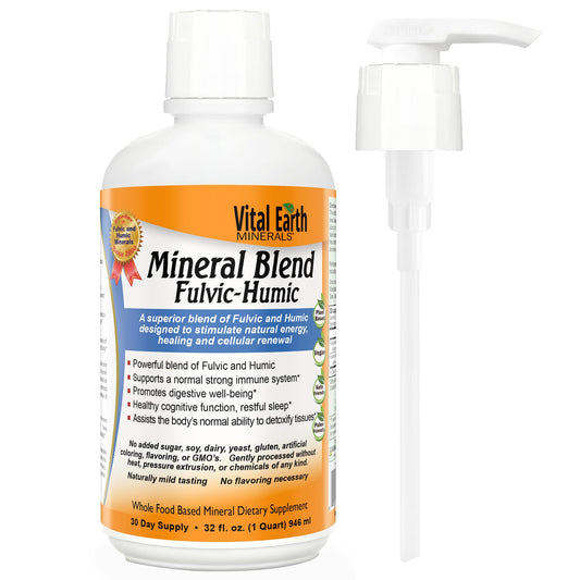 Vital Earth Minerals fulvic humic bottle with pump for easy daily mineral delivery