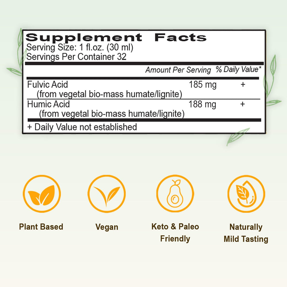 Vital Earth Minerals fulvic humic mineral blend liquid bottle with prepared drink