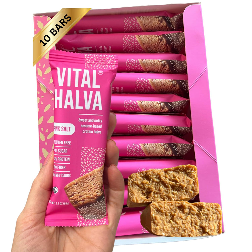 Vital Halva gut-friendly sesame bar package front showing pink salt flavor and nutrition highlights