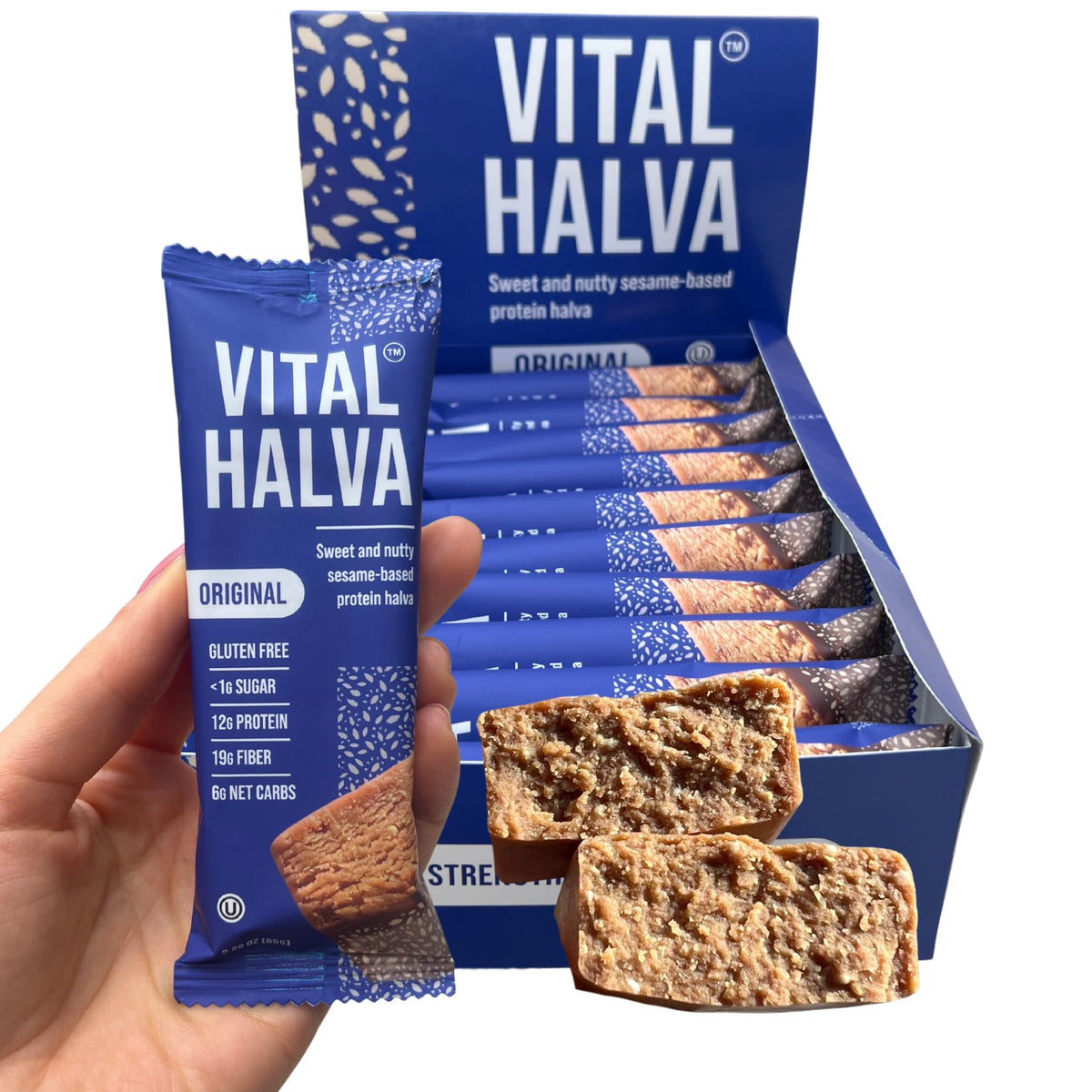 Vital Halva original box of 10 bars on a countertop, convenient gluten-free snack.