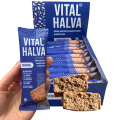 Vital Halva original box of 10 bars on a countertop, convenient gluten-free snack.