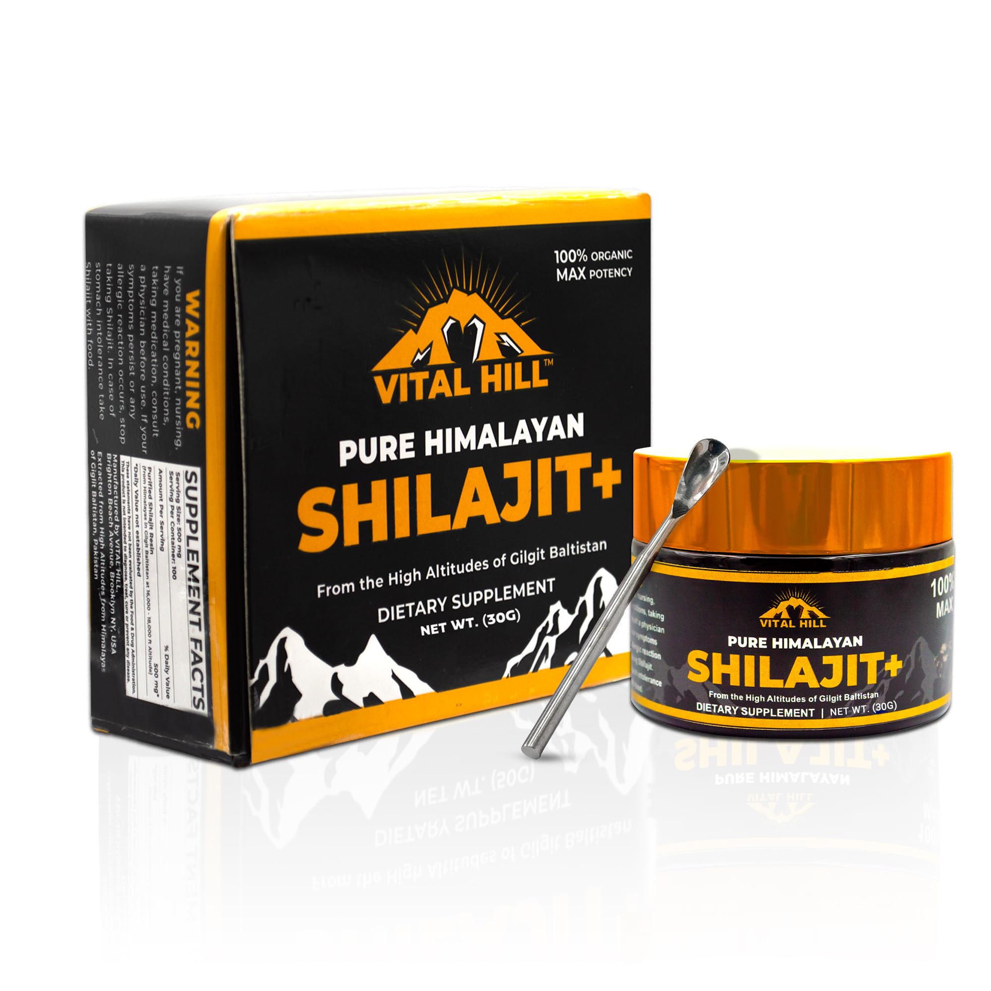 Vital Hill Shilajit Resin jar close-up highlighting rich amber texture and purity