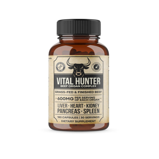 Vital Hunter beef organs bottle showing a five-organ blend for daily wellness.