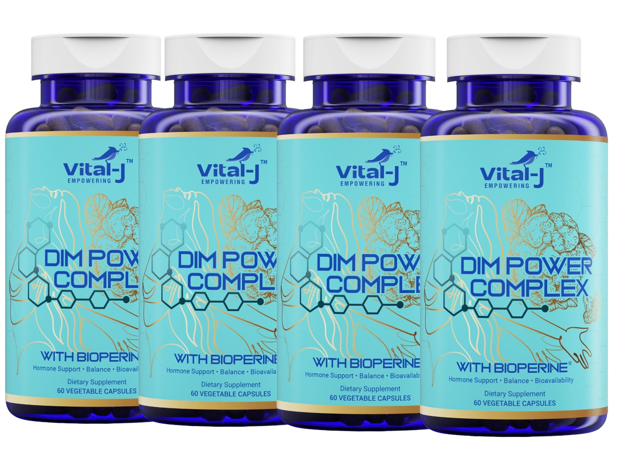 Vital-J Empowering 4-in-1 DIM Potent Complex bottle showcases packaging for estrogen balance support.