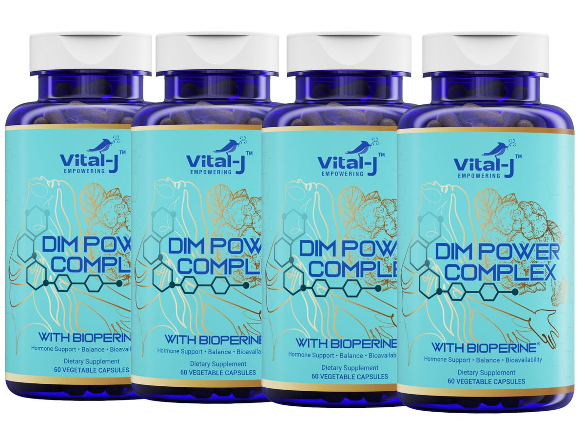 Vital-J Empowering 4-in-1 DIM Potent Complex bottle showcases packaging for estrogen balance support.