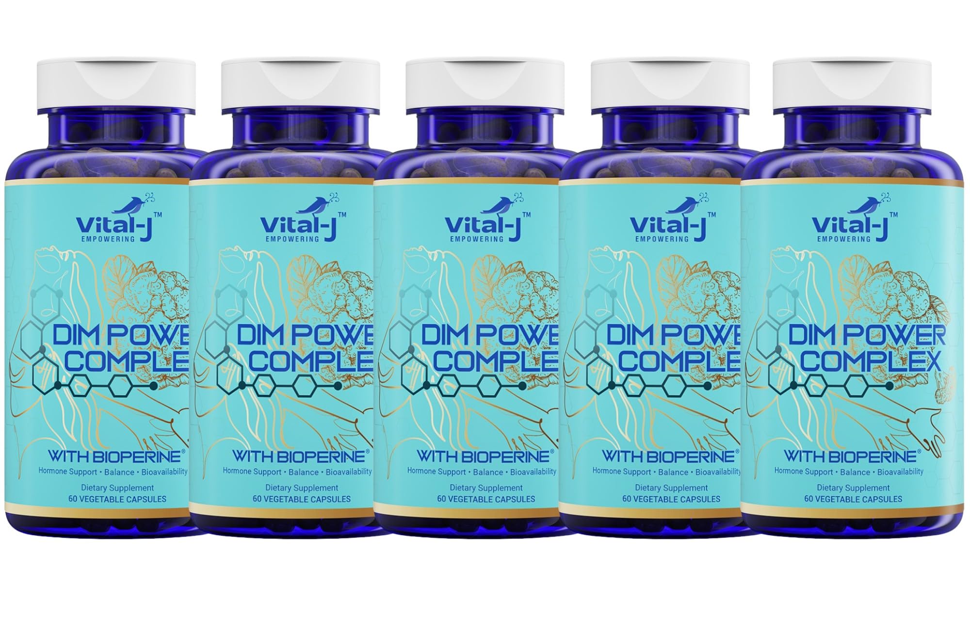 Vital-J Empowering 4-in-1 DIM Potent Complex bottle on desk hints at hormone balance support
