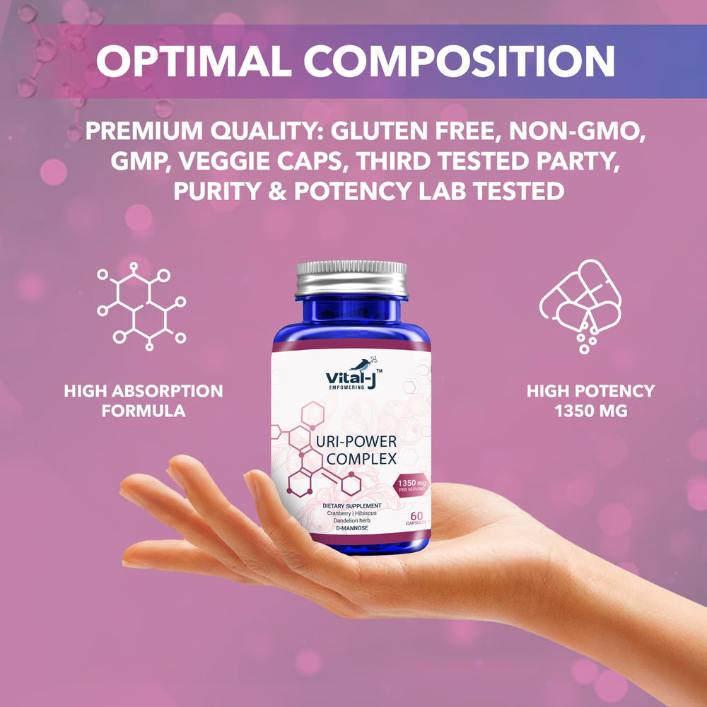 Vital-J Empowering D-mannose and cranberry blend with powder visuals for daily support.