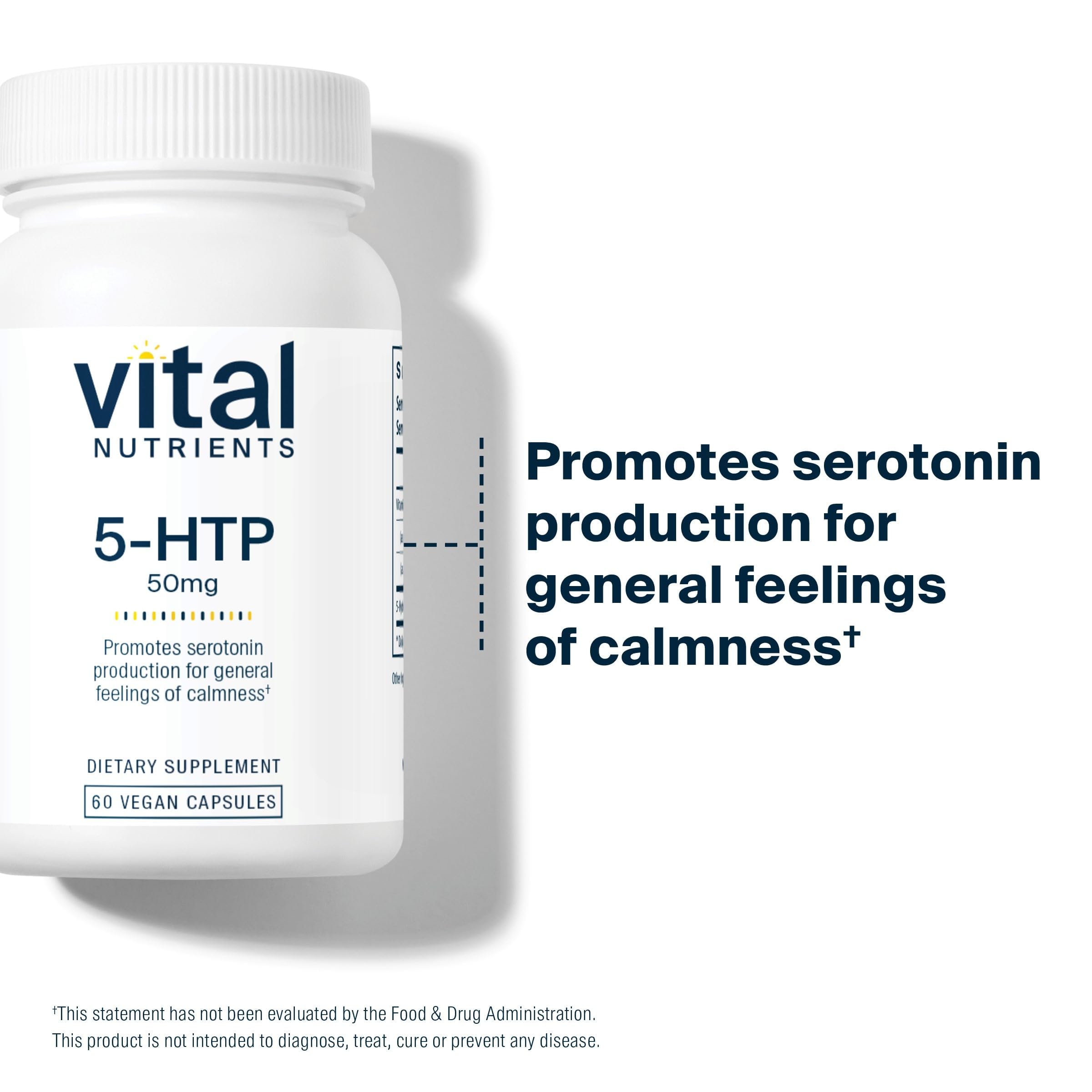 Vital Nutrients 5-HTP bottle on desk promoting everyday wellness.