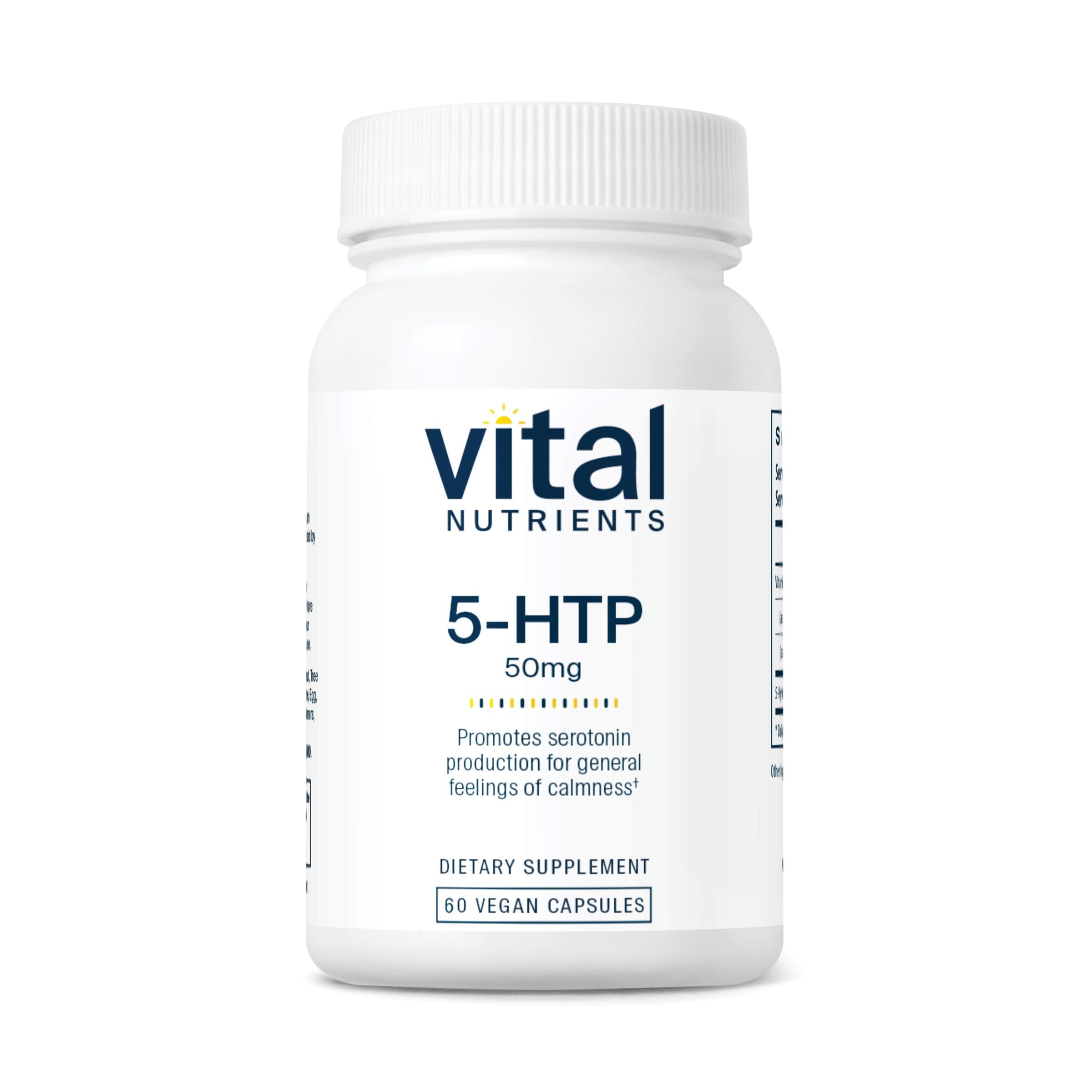 Vital Nutrients 5-HTP bottle on a table, suggesting restful sleep support.