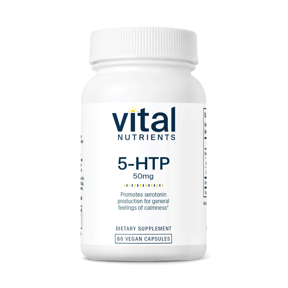 Vital Nutrients 5-HTP bottle on a table, suggesting restful sleep support.