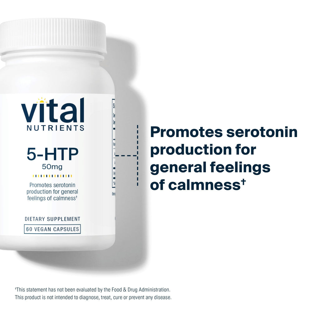 Vital Nutrients 5-HTP capsules closeup ready for daily supplement routine.