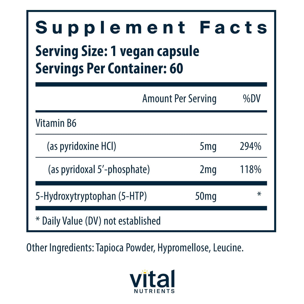 Close-up of Vital Nutrients 5-HTP capsules highlighting vegan formula.
